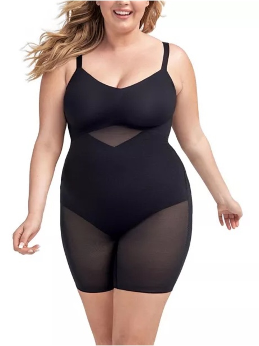 Honeylove SuperPower Mid-Thigh Bodysuit Seamless Black Shapewear Size Large